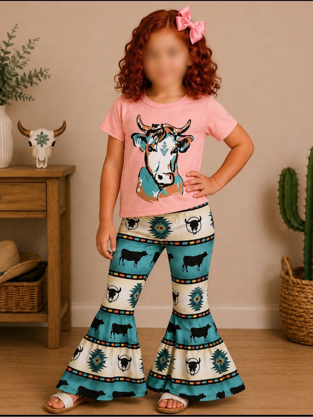 Girls Boutique Cow Western graphic Top & Bell Bottom Flare Pants